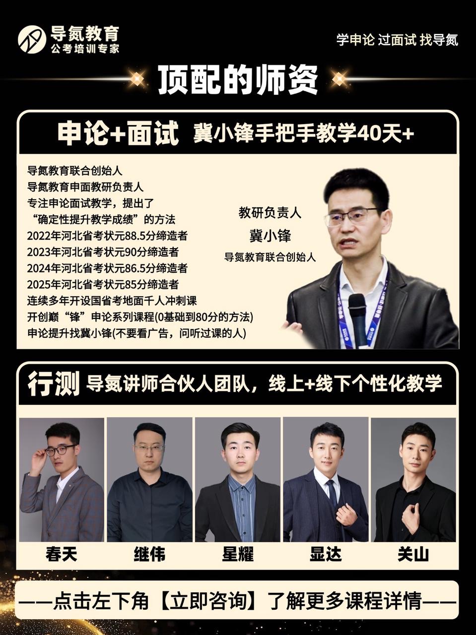 高端私塾班师资总览图，申论和面试由冀小锋教学，行测为讲师合伙人团队